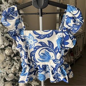 Entro Blue and White Floral Pattern Peplum Top NWT